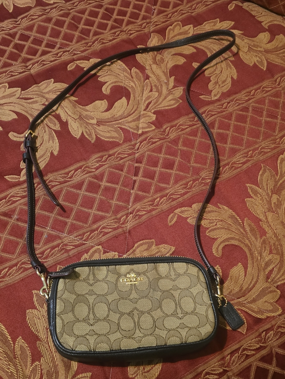 Coach Khaki and Black Signature Canvas Crossbody